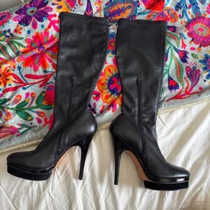 Ann Taylor Black Leather Platform Stiletto Knee High Boots 7.5M Side Zip Tall